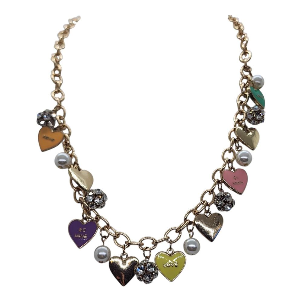 Vintage Y2K Charm Necklace Colorful Enamel Hearts Rhinestone Faux Pearl Love Fun